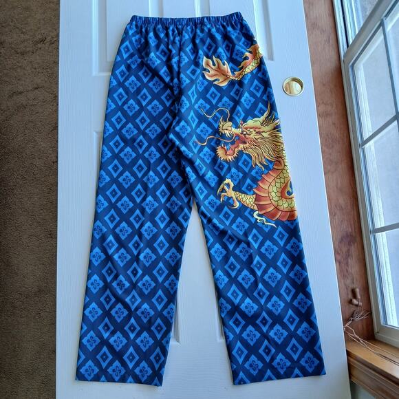 Blue Argyle Golden Dragon Graphic Print PJ Pants Large pajama bottoms trousers - Picture 3 of 13